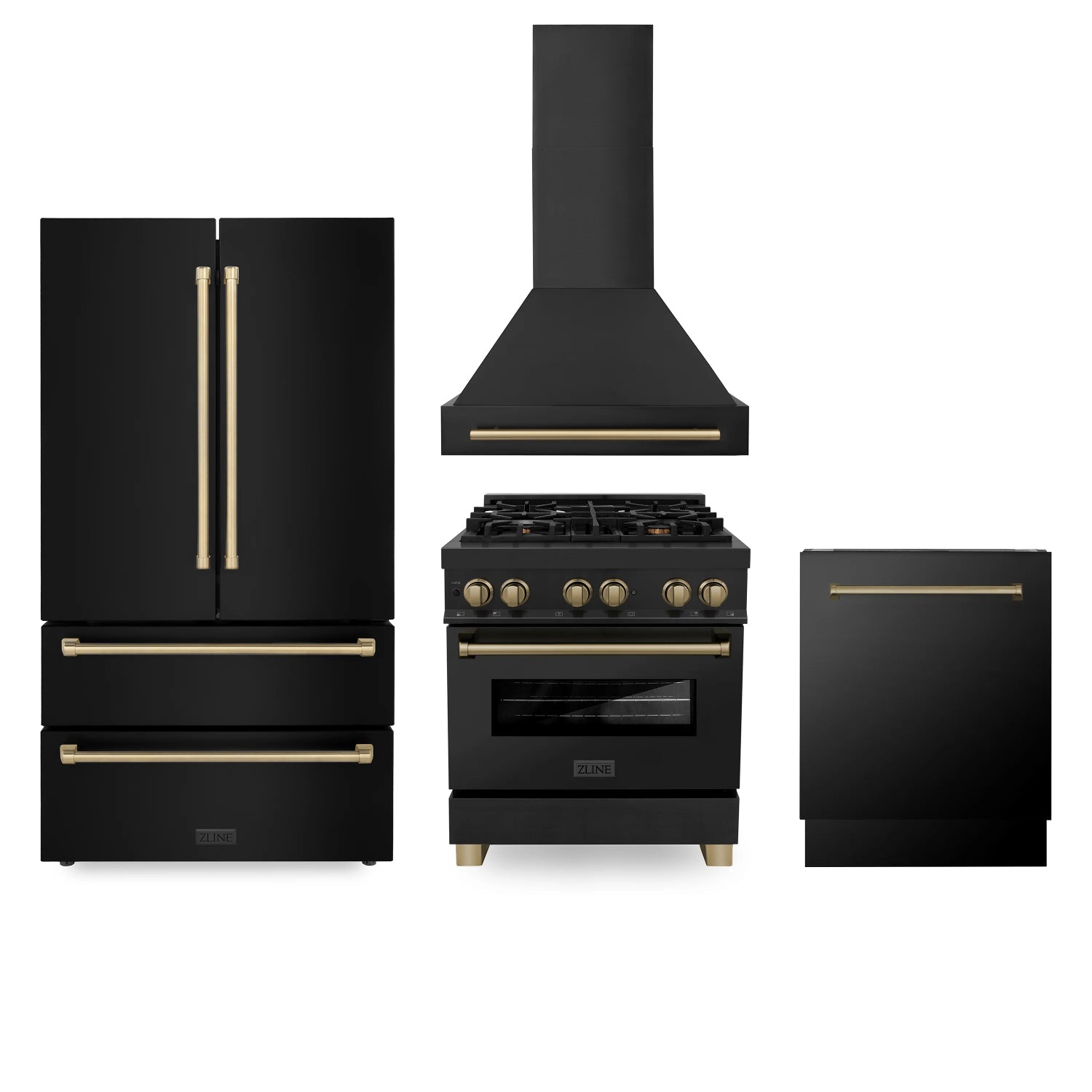 ZLINE Autograph Edition 30" Kitchen Set with Dual Fuel Range, Hood, Dishwasher, and Refrigerator - Bronze Accents