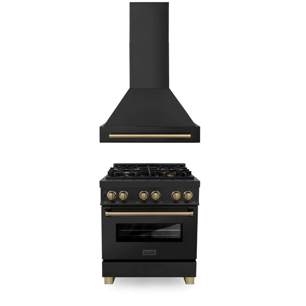 ZLINE 2-Appliance 30" Autograph Edition Kitchen Package with Black Stainless Steel Dual Fuel Range and Range Hood with Champagne Bronze Accents