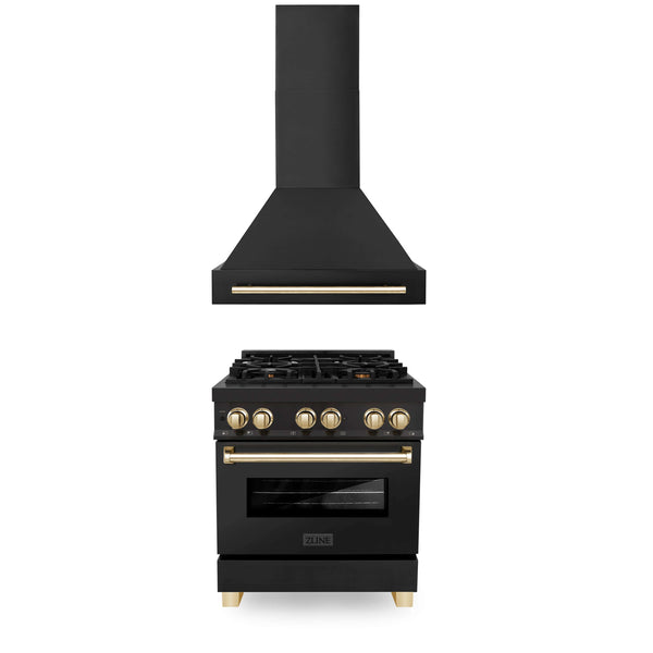 ZLINE 2-Appliance 30" Autograph Edition Kitchen Package with Black Stainless Steel Dual Fuel Range and Range Hood with Polished Gold Accents