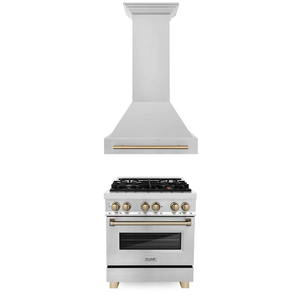 ZLINE 2-Appliance 30" Autograph Edition Kitchen Package with Stainless Steel Dual Fuel Range and Range Hood with Champagne Bronze Accents