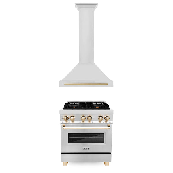 ZLINE 2-Appliance 30" Autograph Edition Kitchen Package with Stainless Steel Dual Fuel Range and Range Hood with Polished Gold Accents