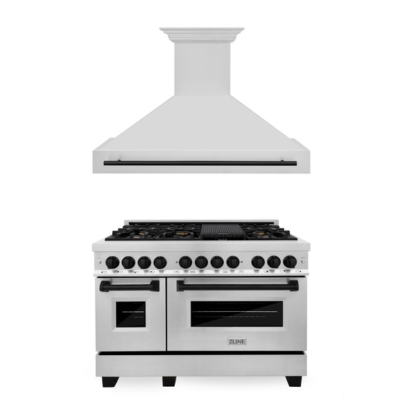 ZLINE 2-Appliance 48" Autograph Edition Kitchen Package with Stainless Steel Dual Fuel Range and Range Hood with Matte Black Accents