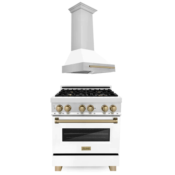 ZLINE 2-Appliance 30" Autograph Edition Kitchen Package with Stainless Steel Dual Fuel Range with Matte White Door and Range Hood with Champagne Bronze Accents