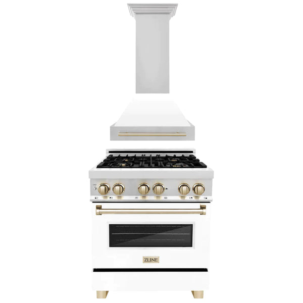 ZLINE 2-Appliance 30" Autograph Edition Kitchen Package with Stainless Steel Dual Fuel Range with Matte White Door and Range Hood with Polished Gold Accents