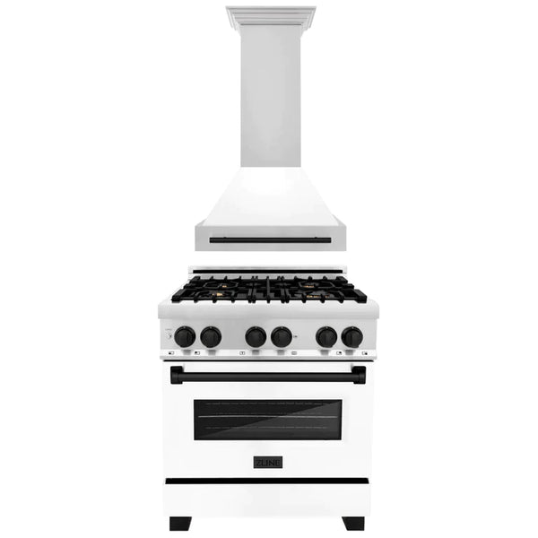 ZLINE 2-Appliance 30" Autograph Edition Kitchen Package with Stainless Steel Dual Fuel Range with Matte White Door and Range Hood with Matte Black Accents