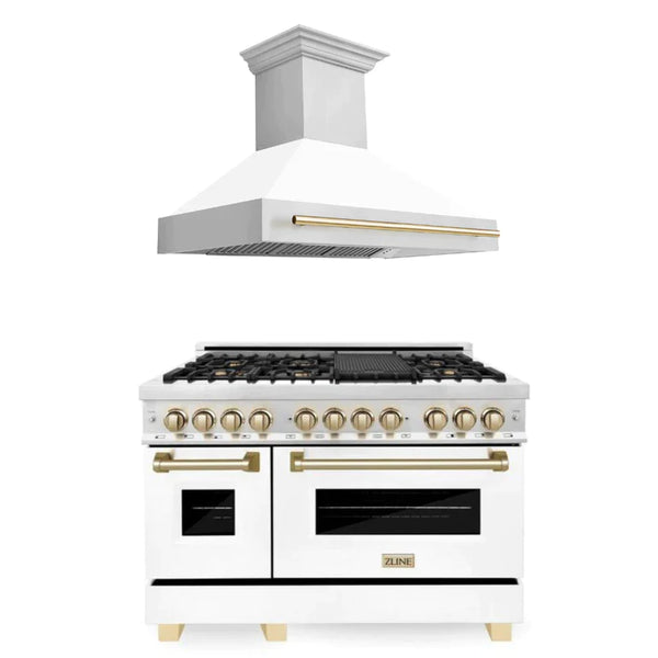ZLINE 2-Appliance 48" Autograph Edition Kitchen Package with Stainless Steel Dual Fuel Range with Matte White Door and Range Hood with Polished Gold Accents