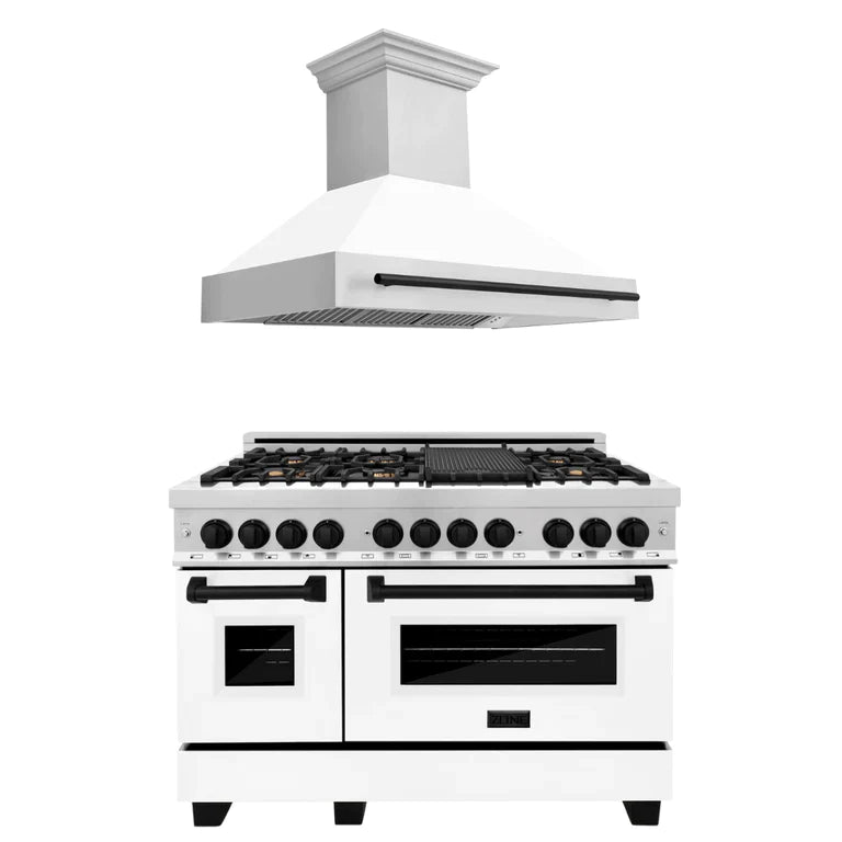 LINE 2-Appliance 48" Autograph Edition Kitchen Package with Stainless Steel Dual Fuel Range with Matte White Door and Range Hood with Matte Black Accents