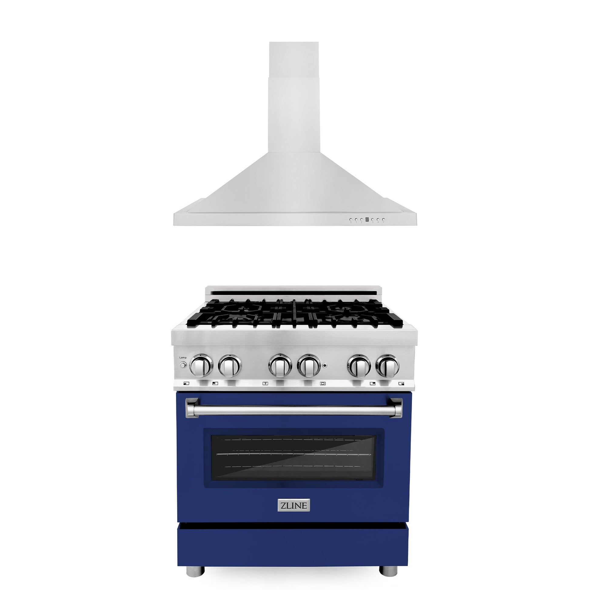 ZLINE 30" 2-Appliance Kitchen Package with Stainless Steel Dual Fuel Range with Blue Gloss Door & Convertible Vent Range Hood