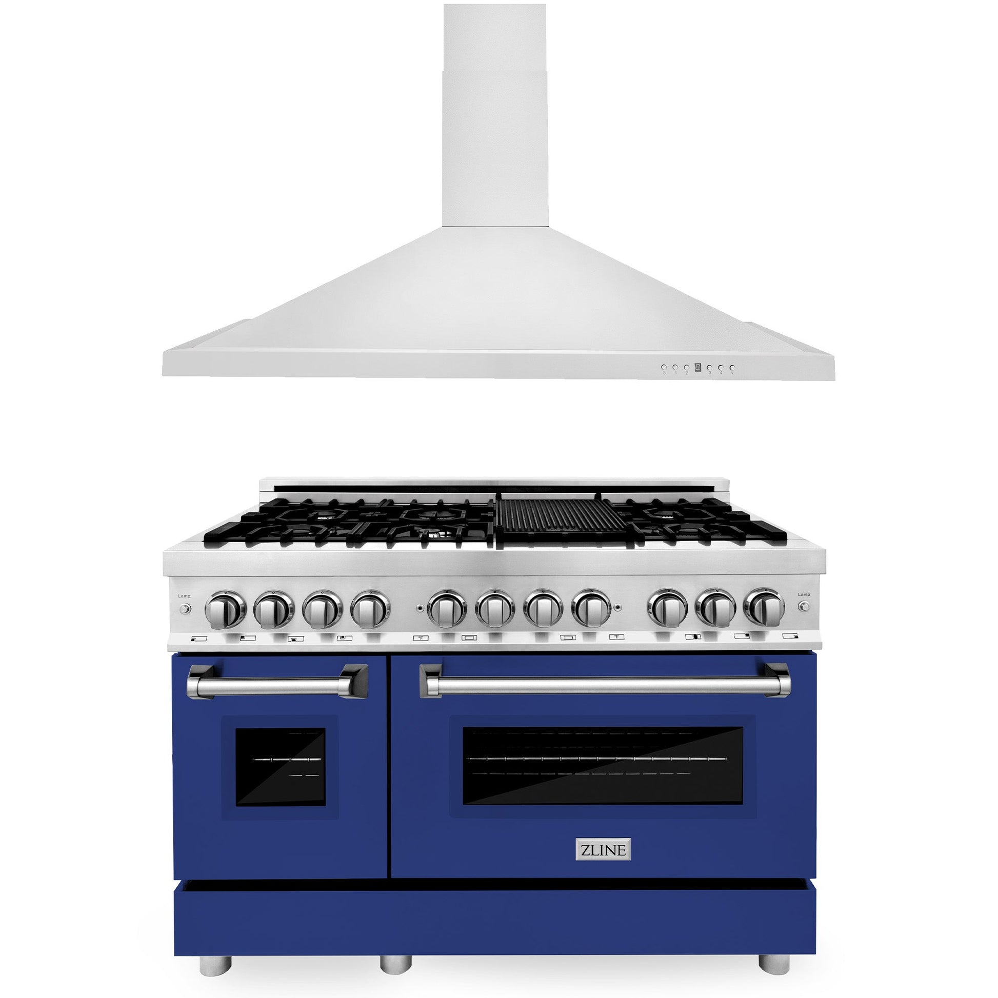 ZLINE 2-Appliance 48" Kitchen Package with Stainless Steel Dual Fuel Range with Blue Gloss Door and Convertible Vent Range Hood
