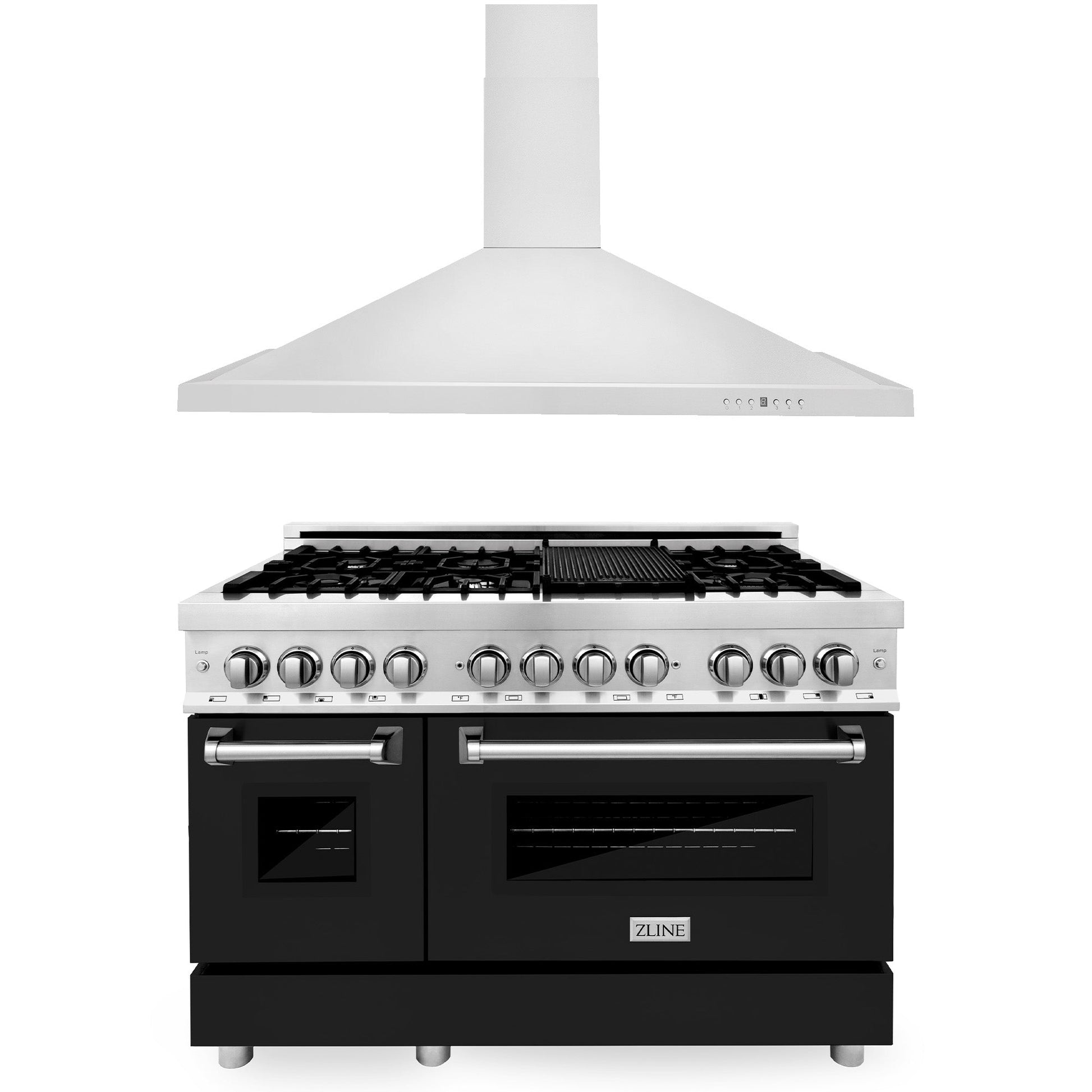 ZLINE 2-Appliance 48" Kitchen Package with Stainless Steel Dual Fuel Range with Matte Black Door and Convertible Vent Range Hood