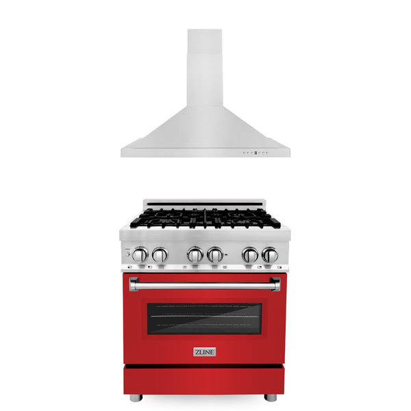 ZLINE 2-Appliance 30" Kitchen Package with DuraSnow Stainless Steel Dual Fuel Range with Matte Red Door and Convertible Vent Range Hood