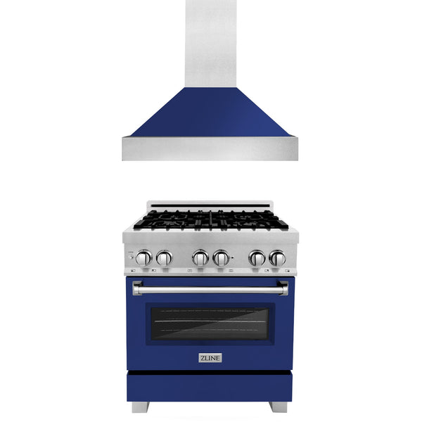 ZLINE 2-Appliance 30" Kitchen Package with DuraSnow Stainless Steel Dual Fuel Range with Blue Gloss Door and Convertible Vent Range Hood