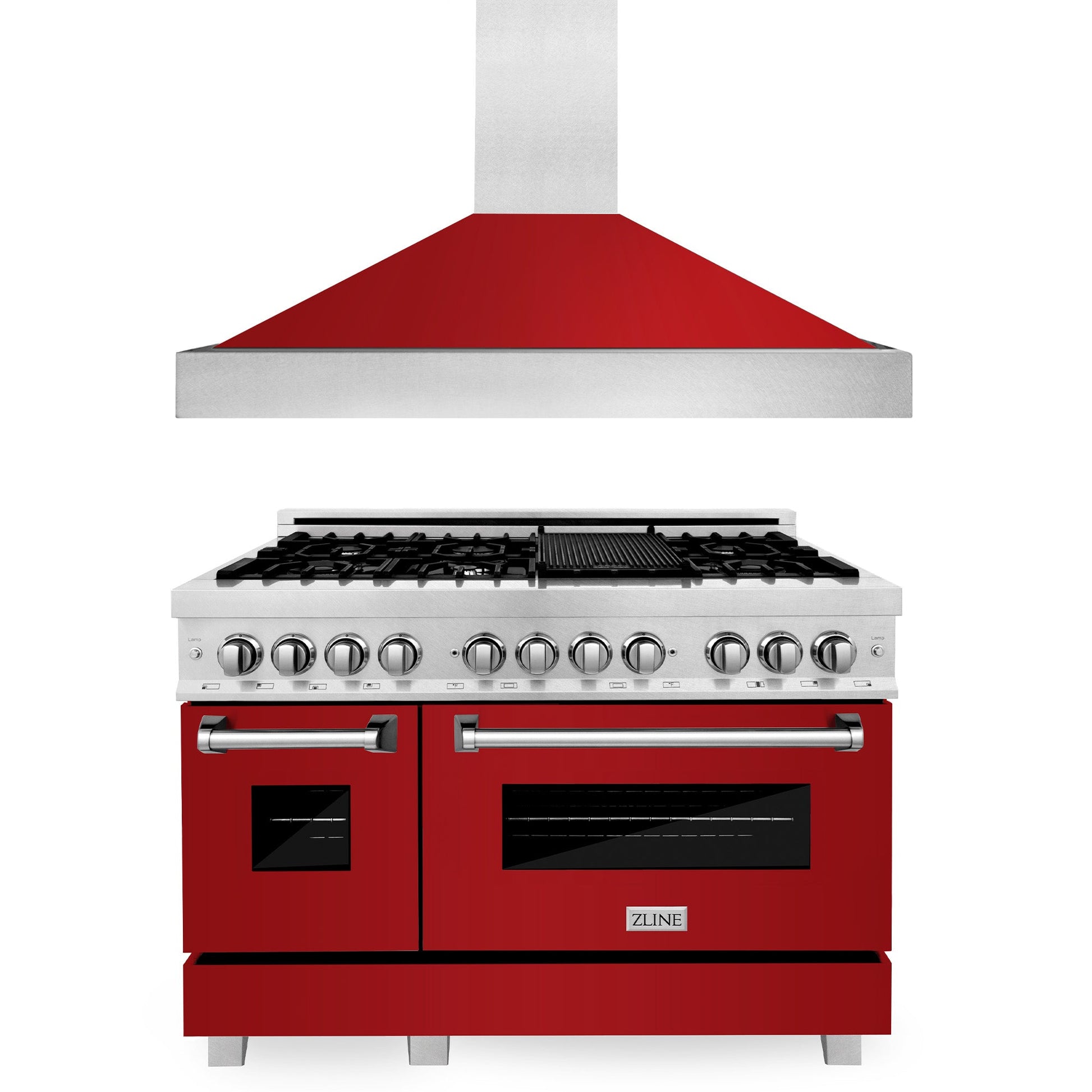 ZLINE 2-Appliance 48" Kitchen Package with DuraSnow Stainless Steel Dual Fuel Range with Glossy Red Door and Convertible Vent Range Hood