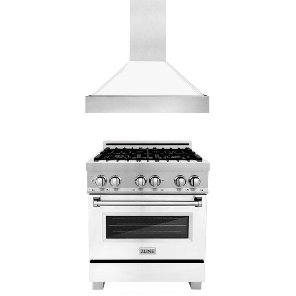 ZLINE 2-Appliance 30" Kitchen Package with DuraSnow Stainless Steel Dual Fuel Range with Matte White Door and Convertible Vent Range Hood