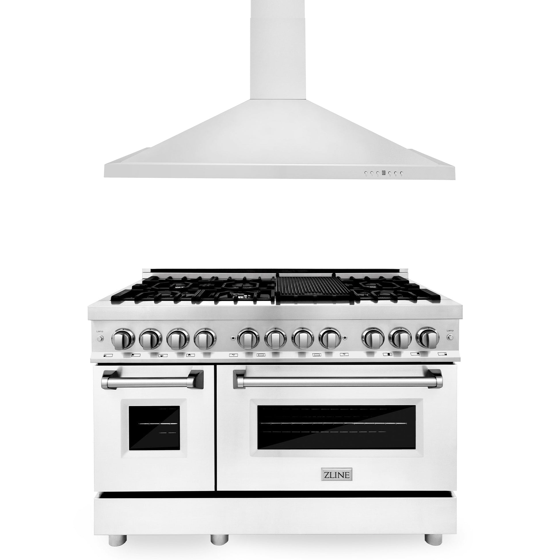 ZLINE 2-Appliance 48" Kitchen Package with Stainless Steel Dual Fuel Range with Matte White Door and Convertible Vent Range Hood