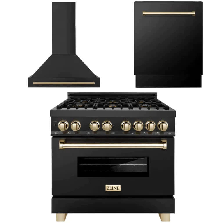 ZLINE 3-Appliance 36" Autograph Edition Kitchen Package with Black Stainless Steel Dual Fuel Range, Range Hood, and Dishwasher with Polished Gold Accents