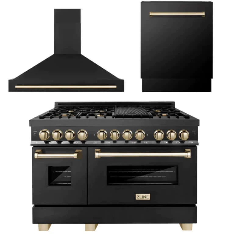 ZLINE 3-Appliance 48" Autograph Edition Kitchen Package with Black Stainless Steel Dual Fuel Range, Range Hood, and Dishwasher with Polished Gold Accents