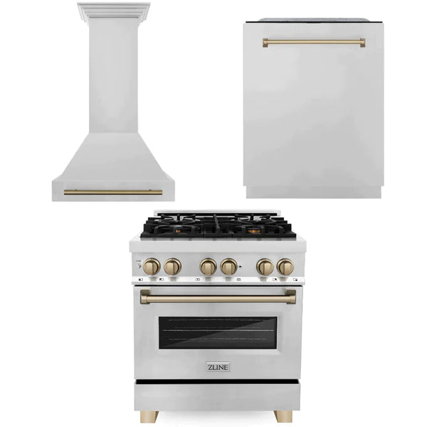 ZLINE 3-Appliance 30" Autograph Edition Kitchen Package with Stainless Steel Dual Fuel Range, Tall Tub Dishwasher, and Range Hood with Champagne Bronze Accents