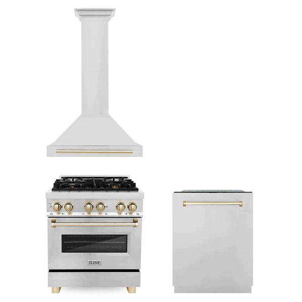 ZLINE 3-Appliance 30" Autograph Edition Kitchen Package with Stainless Steel Dual Fuel Range, Tall Tub Dishwasher, and Range Hood with Polished Gold Accents