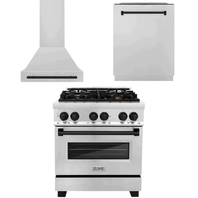 ZLINE 3-Appliance 30" Autograph Edition Kitchen Package with Stainless Steel Dual Fuel Range, Dishwasher and Range Hood with Matte Black Accents