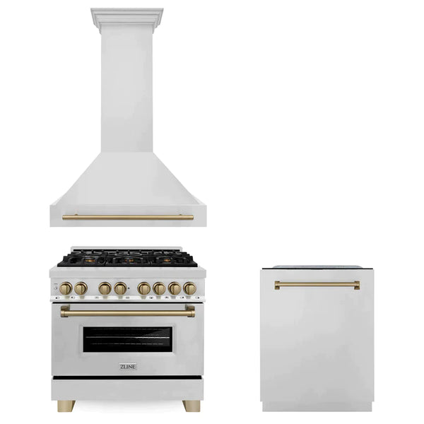 ZLINE 3-Appliance 36" Autograph Edition Kitchen Package with Stainless Steel Dual Fuel Range, Range Hood, and Dishwasher with Champagne Bronze Accents