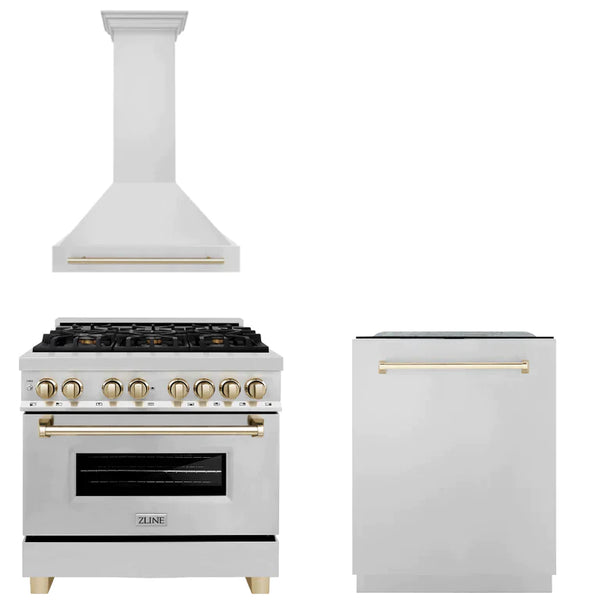 ZLINE 3-Appliance 36" Autograph Edition Kitchen Package with Stainless Steel Dual Fuel Range, Range Hood, and Dishwasher with Polished Gold Accents