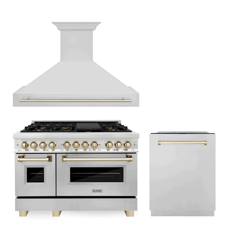 ZLINE 3-Appliance 48" Autograph Edition Kitchen Package with Stainless Steel Dual Fuel Range, Range Hood, and Dishwasher with Polished Gold Accents