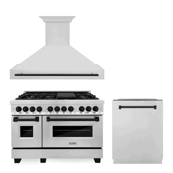 ZLINE 3-Appliance 48" Autograph Edition Kitchen Package with Stainless Steel Dual Fuel Range, Range Hood, and Dishwasher with Matte Black Accents