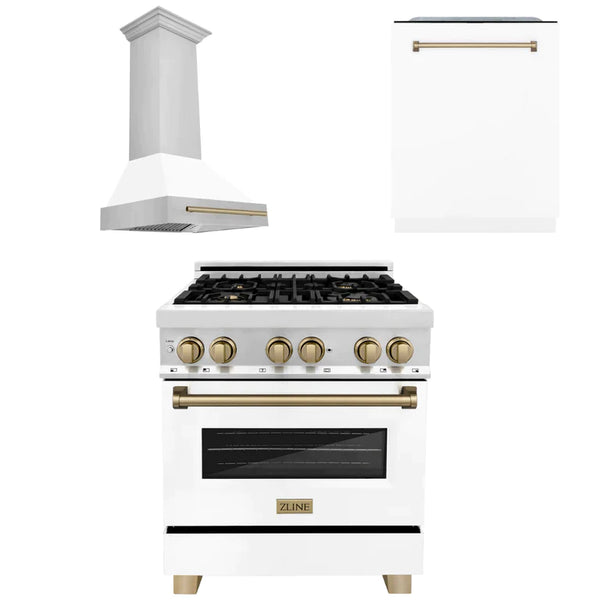 ZLINE 3-Appliance 30" Autograph Edition Kitchen Package with Stainless Steel Dual Fuel Range with Matte White Door, Range Hood, and Dishwasher with Champagne Bronze Accents