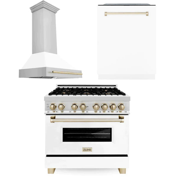 ZLINE 3-Appliance 36" Autograph Edition Kitchen Package with Stainless Steel Dual Fuel Range with White Matte Door, Range Hood, and Dishwasher with Polished Gold Accents