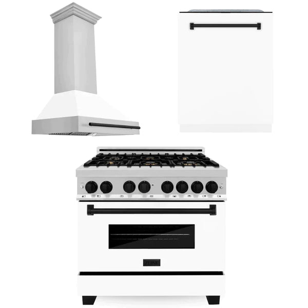 ZLINE 3-Appliance 36" Autograph Edition Kitchen Package with Stainless Steel Dual Fuel Range with Matte White Door, Range Hood, and Dishwasher with Matte Black Accents