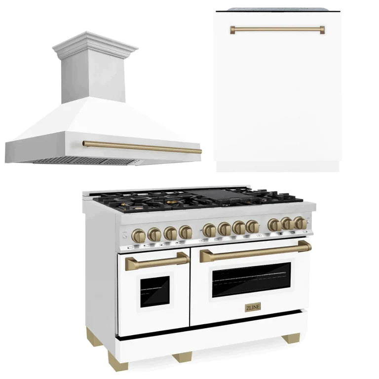 ZLINE 3-Appliance 48" Autograph Edition Kitchen Package with Stainless Steel Dual Fuel Range with White Matte Door, Range Hood, and Dishwasher with Champagne Bronze Accents