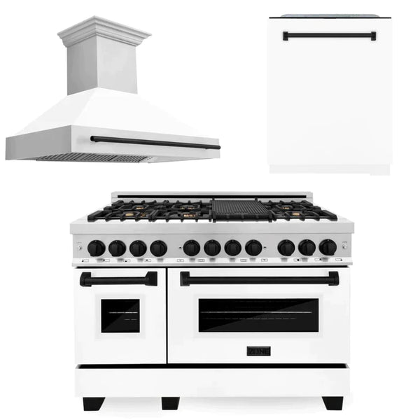 ZLINE 3-Appliance 48" Autograph Edition Kitchen Package with Stainless Steel Dual Fuel Range with White Matte Door, Range Hood, and Dishwasher with Matte Black Accents