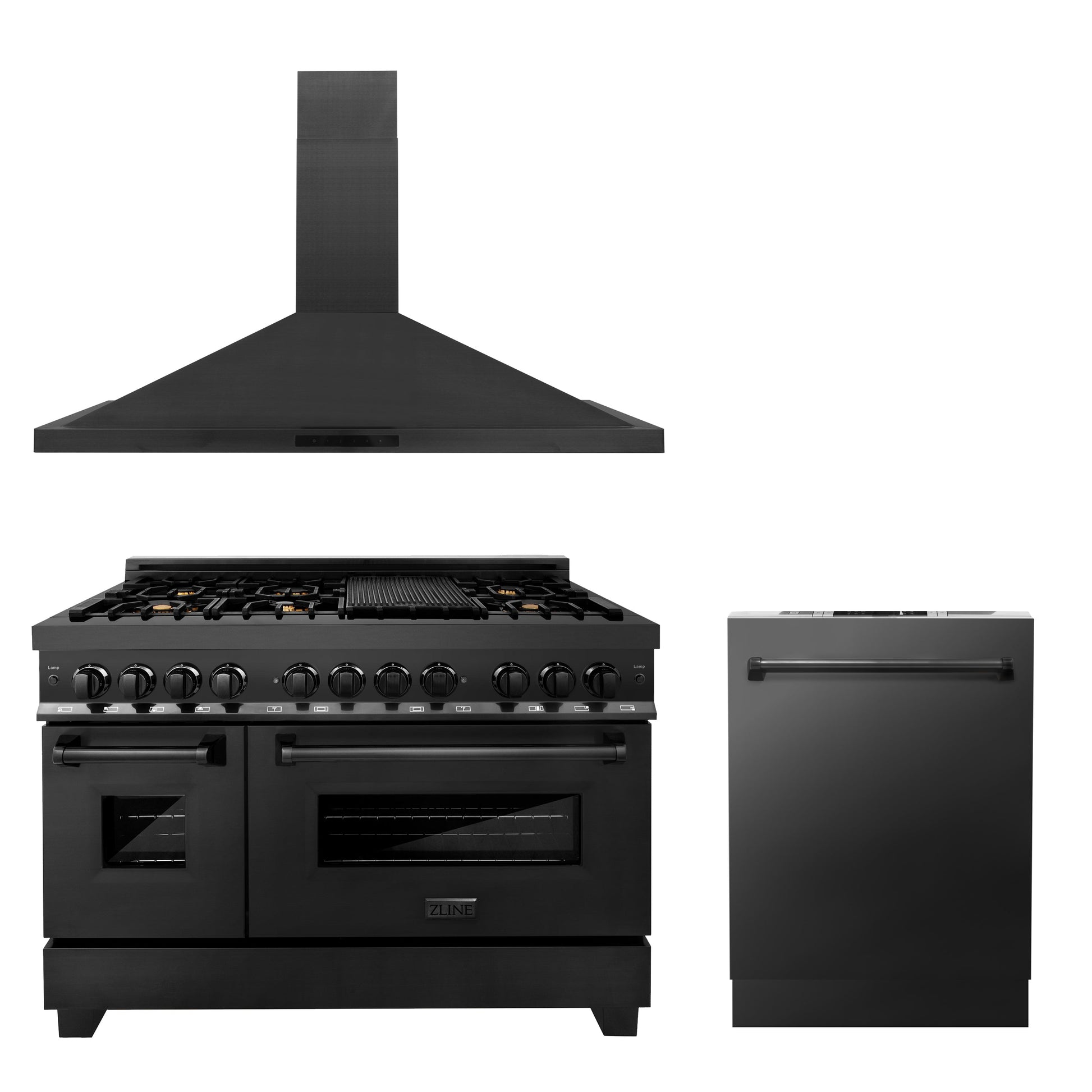 ZLINE 3-Appliance 48" Kitchen Package with Black Stainless Steel Dual Fuel Range, Convertible Vent Range Hood, and Dishwasher