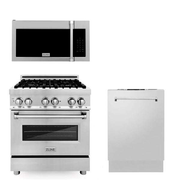ZLINE 3-Appliance 30" Kitchen Package with Stainless Steel Dual Fuel Range, Traditional Over The Range Microwave, and Dishwasher