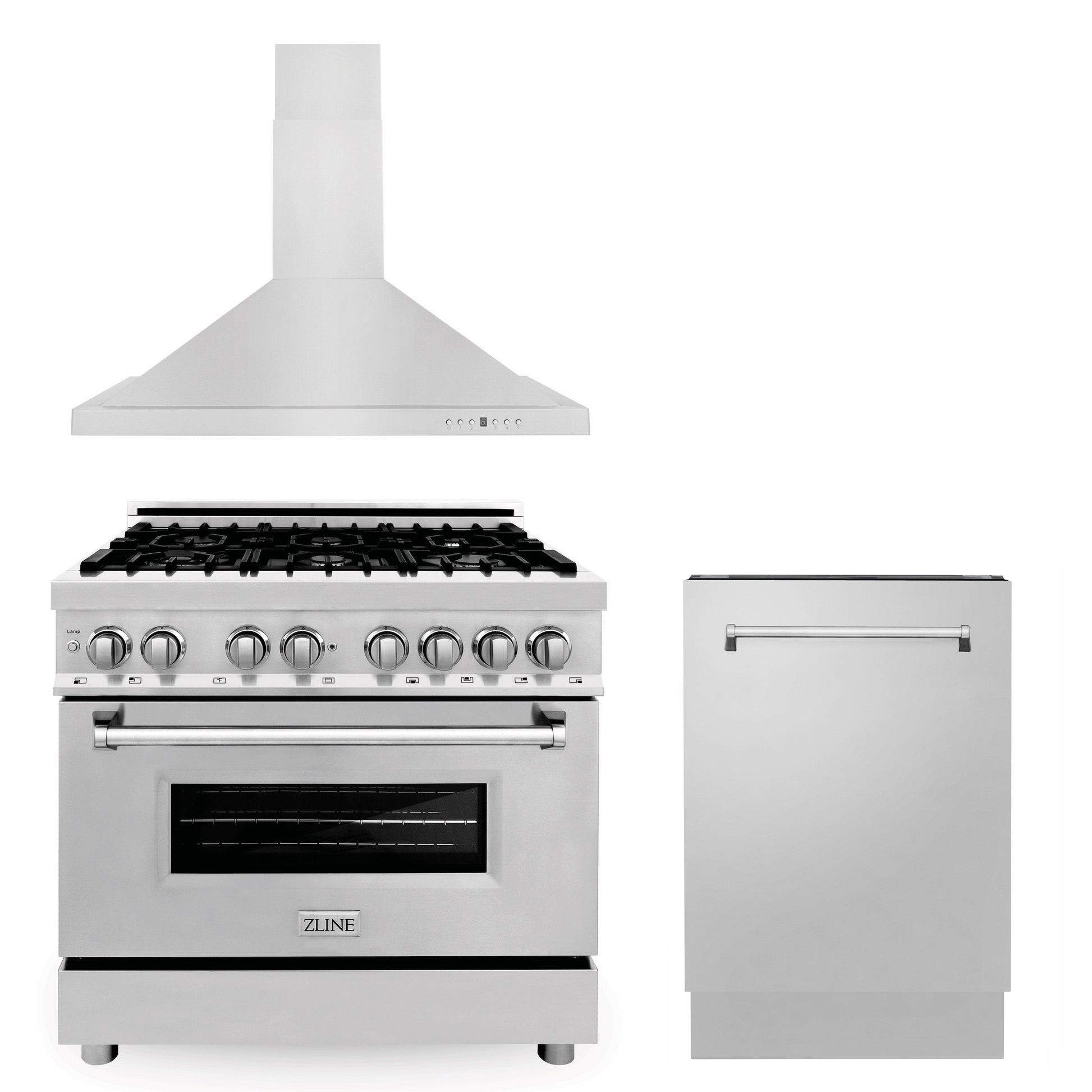 ZLINE 3-Appliance 36" Kitchen Package with Stainless Steel Dual Fuel Range, Convertible Vent Range Hood, and Tall Tub Dishwasher