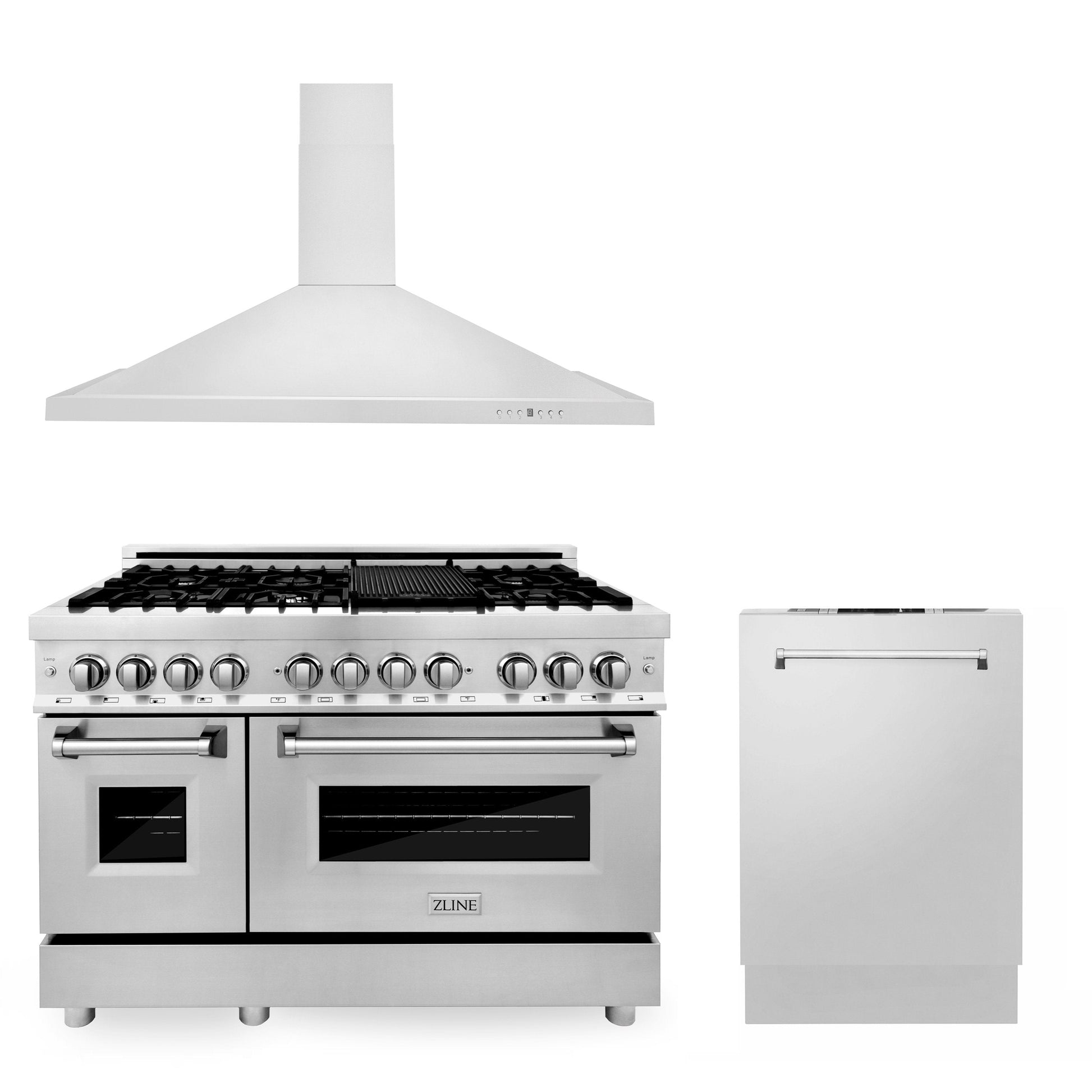 ZLINE 3-Appliance 48" Kitchen Package with Stainless Steel Dual Fuel Range, Convertible Vent Range Hood, and Tall Tub Dishwasher