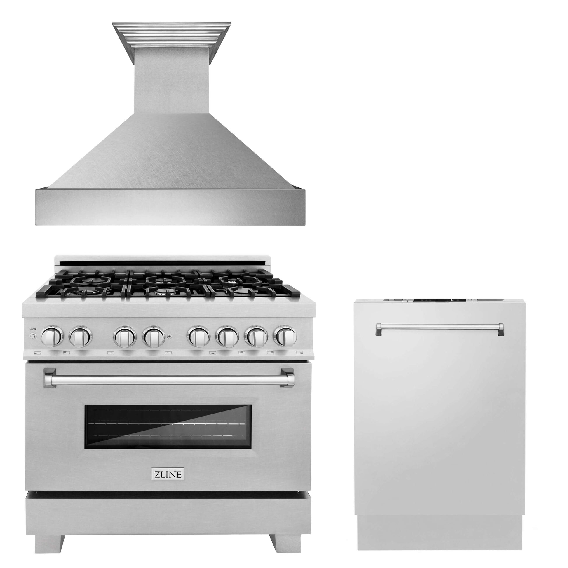 ZLINE 3-Appliance 36" Kitchen Package with Fingerprint Resistant Stainless Dual Fuel Range, Ducted Vent Range Hood, and Tall Tub Dishwasher