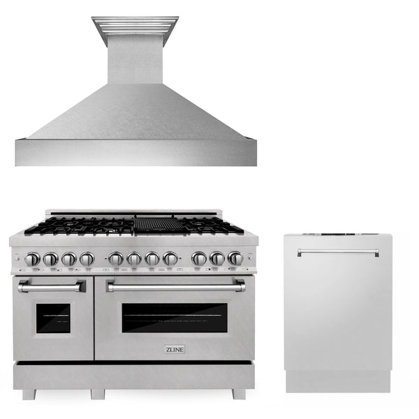 ZLINE 3-Appliance 48" Kitchen Package with DuraSnow Stainless Dual Fuel Range, Ducted Vent Range Hood, and Dishwasher