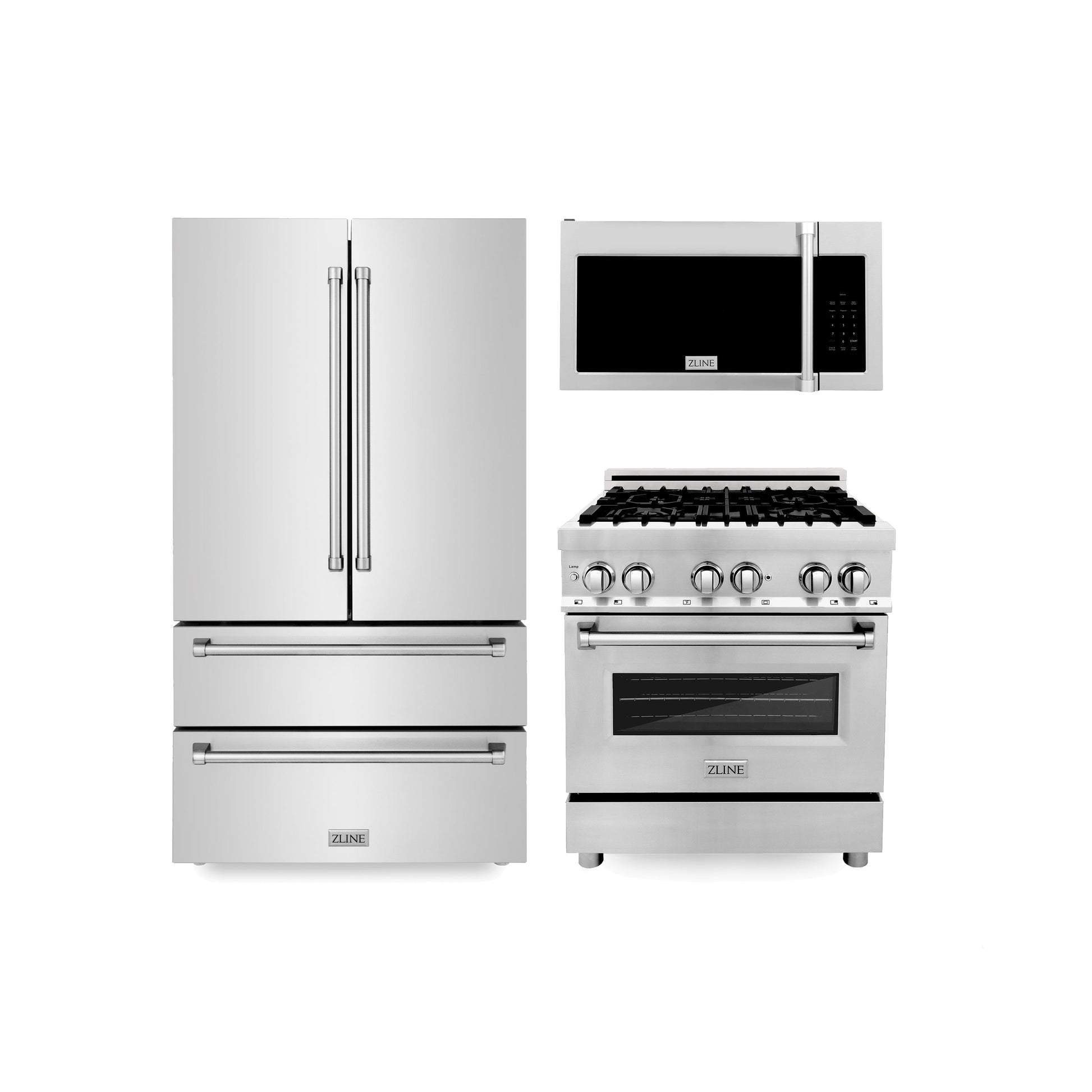 ZLINE 3-Appliance Kitchen Package with Stainless Steel Refrigeration, 30" Dual Fuel Range, and Traditional Over the Range Microwave Oven