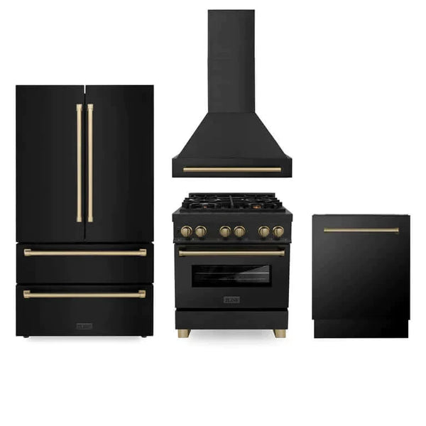 ZLINE 4-Appliance 30" Autograph Edition Kitchen Package with Black Stainless Steel Dual Fuel Range, Range Hood, Dishwasher, and Refrigeration Including External Water Dispenser with Champagne Bronze Accents