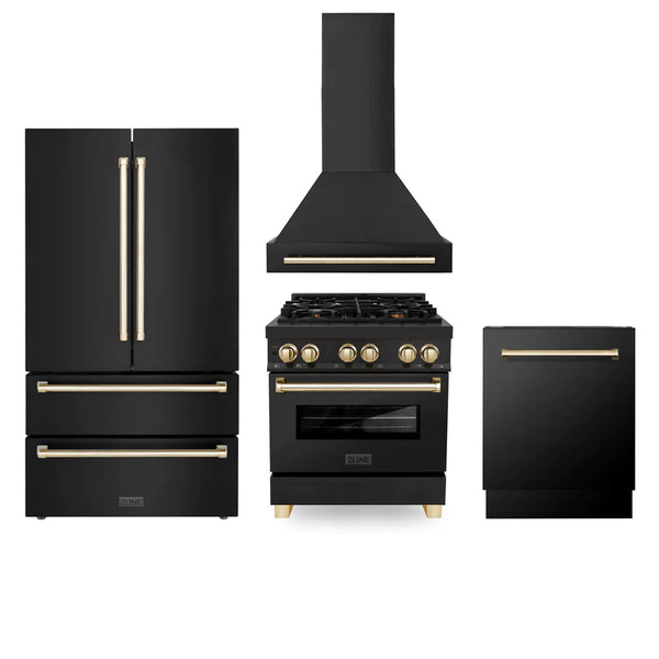 ZLINE 4-Appliance 30" Autograph Edition Kitchen Package with Black Stainless Steel Dual Fuel Range, Range Hood, Dishwasher, and Refrigeration Including External Water Dispenser with Polished Gold Accents