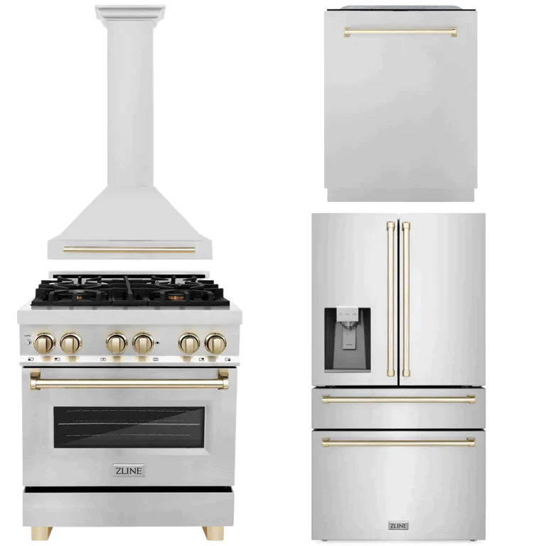 ZLINE 4-Appliance 30" Autograph Edition Kitchen Package with Stainless Steel Dual Fuel Range, Range Hood, Dishwasher, and Refrigeration Including External Water Dispenser with Polished Gold Accents