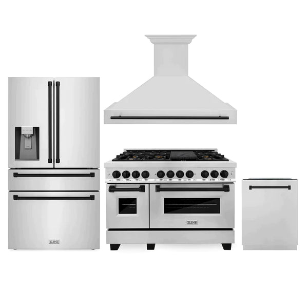 ZLINE 4-Appliance 48" Autograph Edition Kitchen Package with Stainless Steel Dual Fuel Range, Range Hood, Dishwasher, and Refrigeration Including External Water Dispenser with Matte Black Accents
