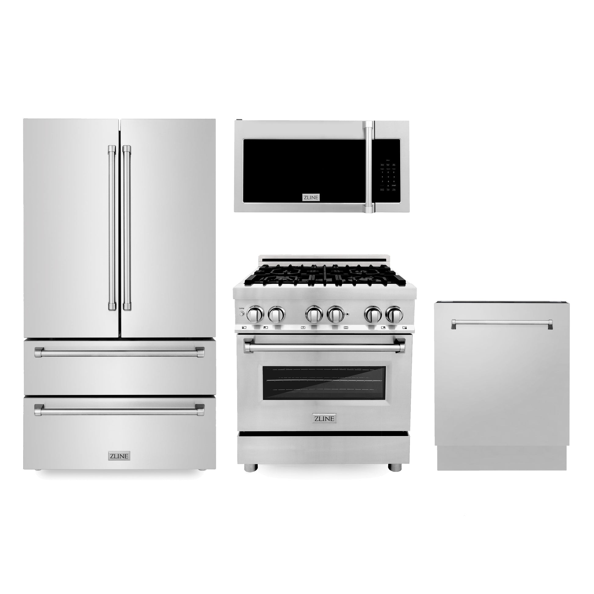ZLINE 4-Appliance Kitchen Package with Stainless Steel Refrigeration, 30" Dual Fuel Range, 30" Traditional Over The Range Microwave, and 24" Tall Tub Dishwasher