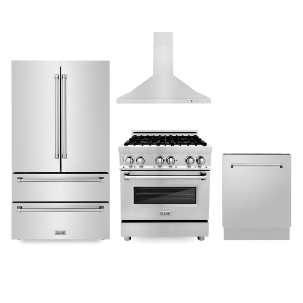 ZLINE 4-Appliance Kitchen Package with Stainless Steel Refrigeration, 30" Dual Fuel Range, 30" Convertible Vent Range Hood, and 24" Tall Tub Dishwasher