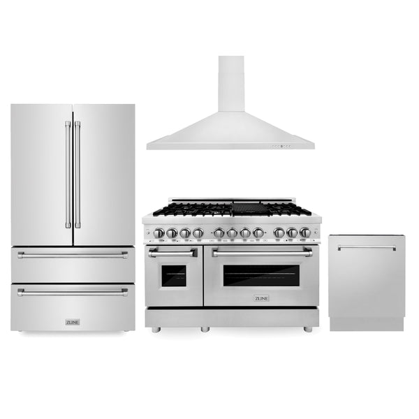 ZLINE 4-Appliance Kitchen Package with Stainless Steel Refrigeration, 48" Dual Fuel Range, 48" Convertible Vent Range Hood, and 24" Tall Tub Dishwasher