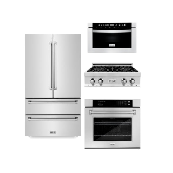ZLINE 4-Appliance Kitchen Package with Stainless Steel Refrigeration, 30" Rangetop, 30" Single Wall Oven, and 30" Microwave Oven
