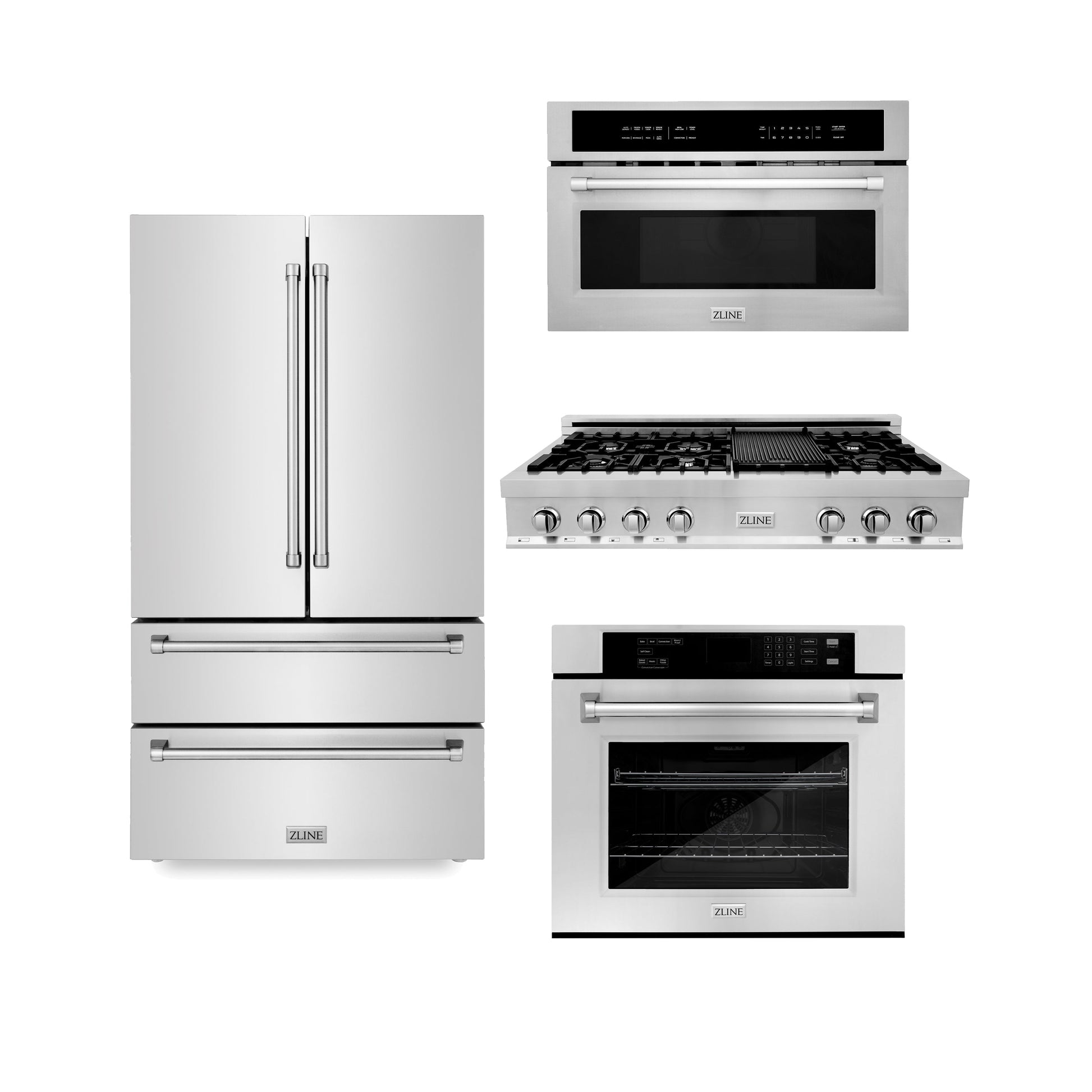 ZLINE 4-Appliance Kitchen Package with Stainless Steel Refrigeration, 48" Rangetop, 30" Single Wall Oven, and 30" Microwave Oven