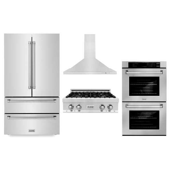 ZLINE 4-Appliance Kitchen Package with Stainless Steel Refrigeration, 30" Rangetop, 30" Range Hood, and 30" Double Wall Oven